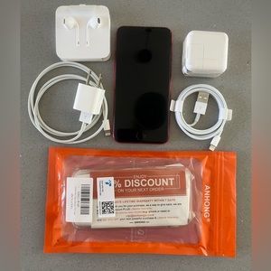 iPhone SE Product Red with Earbuds, Two Chargers and Case